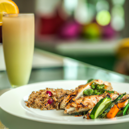 Salada de quinoa com vegetais e frango grelhado, e um copo de suco verde