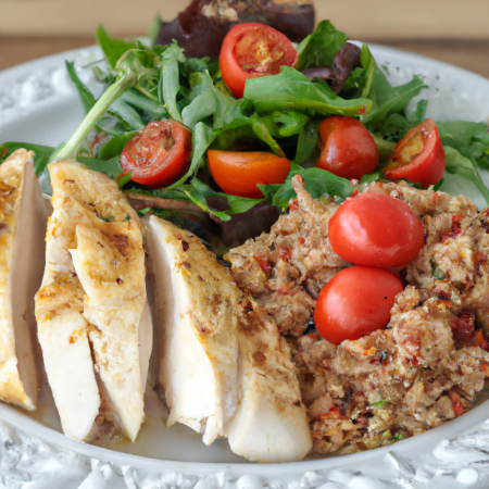 Foto de um prato com frango grelhado, quinoa e salada de rúcula e tomate cereja.