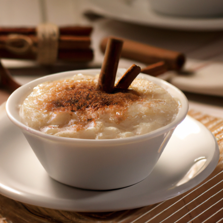 Uma tigela de arroz doce com canela por cima.