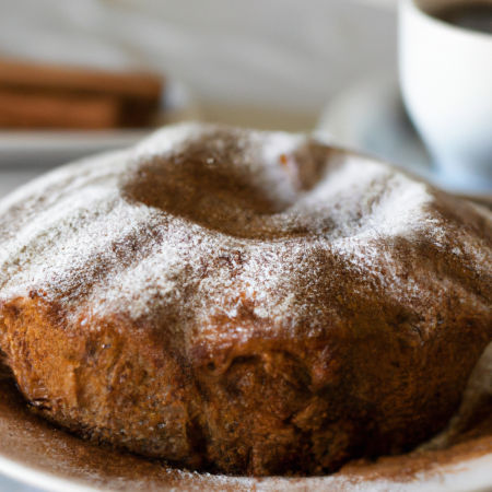 Bolo de canela em um prato branco com uma xícara de café ao lado