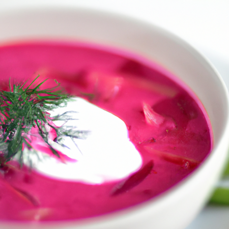 Caldo de beterraba servido em uma tigela de cerâmica branca, decorada com creme de leite fresco e endro.