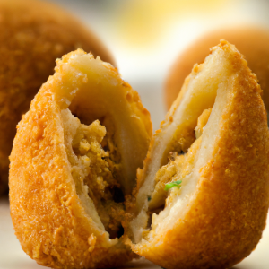 Uma coxinha recheada de frango empanada com farinha panco