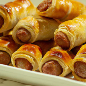 Enroladinhos de salsicha recém-assados em um prato branco