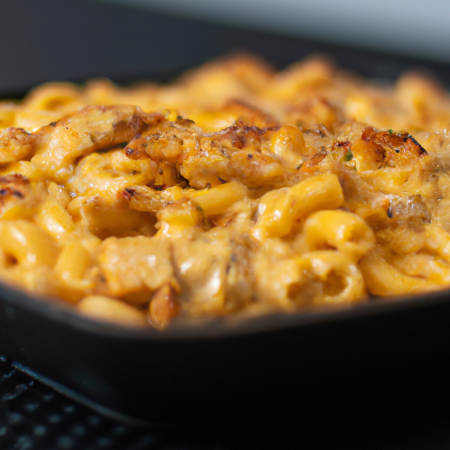 Macarrão com frango e queijo servido em um prato branco.
