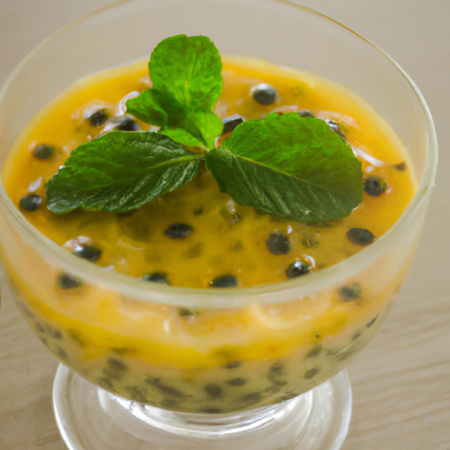 Mousse de maracujá em uma tigela de vidro, decorada com sementes de maracujá e hortelã.