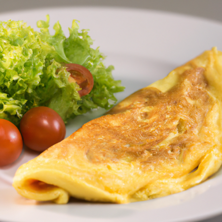 Imagem de uma omelete dourada em um prato branco, com verduras ao lado.