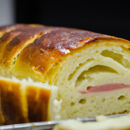 Pão recheado recém-assado sobre uma tábua de madeira.