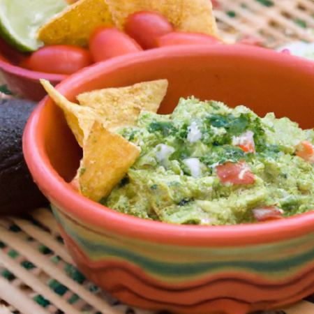 Uma tigela de guacamole com nachos ao lado