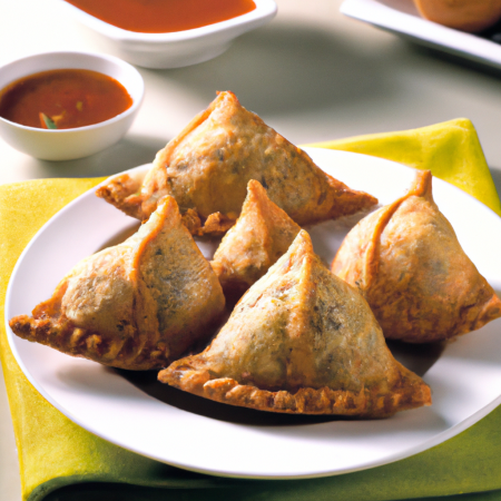 Samosas fritas servidas com molho de tamarindo