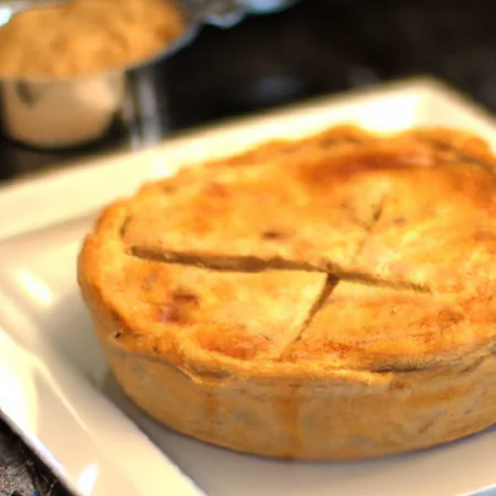 Torta de frango dourada em uma bandeja de vidro