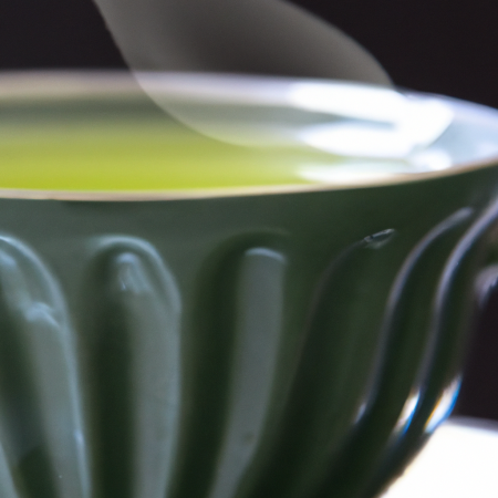 Uma xícara de chá verde fumegante em uma mesa de madeira.