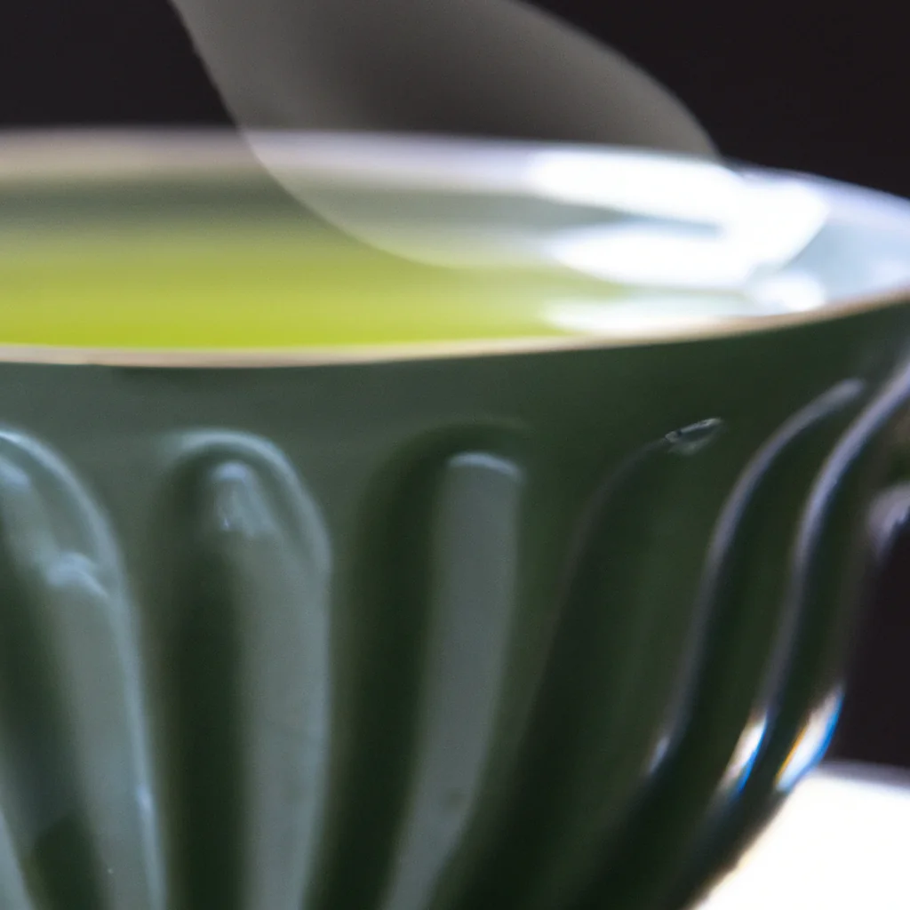 Uma xícara de chá verde fumegante em uma mesa de madeira.