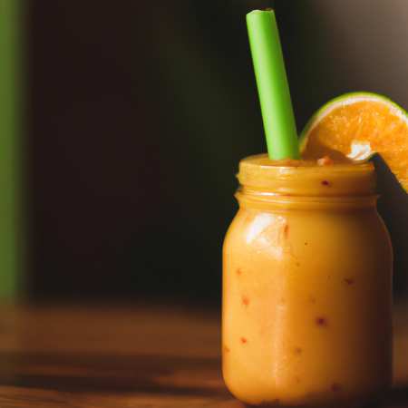 Vitamina de frutas em um copo com canudo