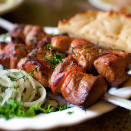 Molho-de-carne grelhado shashlyk servido com pão de trigo e molhos.