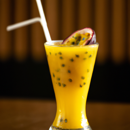 Suco de maracujá em um copo transparente com canudo.