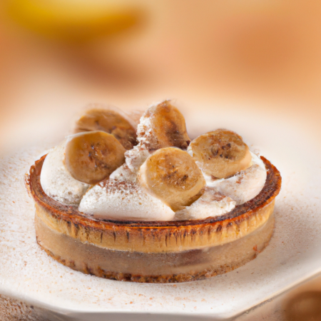 Banoffee pie em uma mesa de madeira com uma fatia cortada
