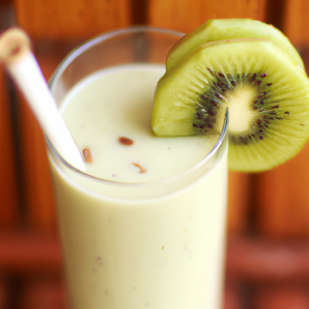 Batido de Abacate com Bananas, Peras, Kiwi e Leite de Soja servido em um copo alto