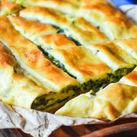Bolo Khachapuri feito de massa de fermento recheado com queijo e espinafre