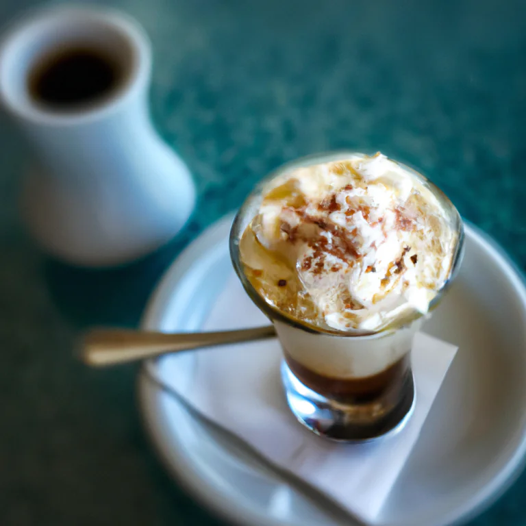 Café expresso com licor e chantilly em uma xícara de cerâmica branca e prato.