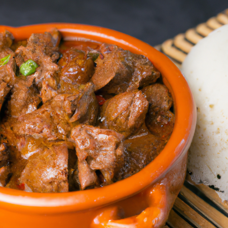 Carne de panela em uma tigela de cerâmica com arroz e feijão ao fundo