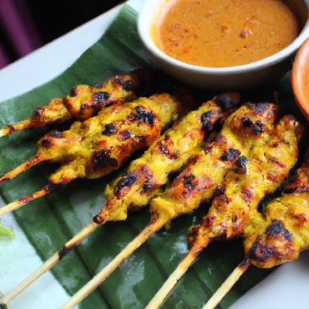 Espetinhos de frango satay grelhados ao lado de um molho de amendoim
