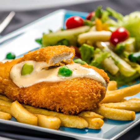 Frango à Cordon Bleu dourado servido com legumes