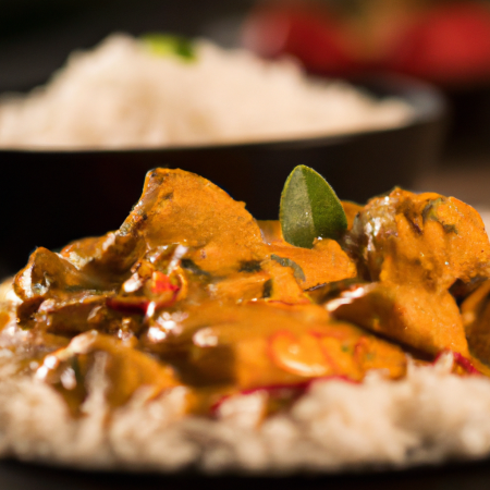 Frango ao curry indiano em uma tigela de cerâmica decorada