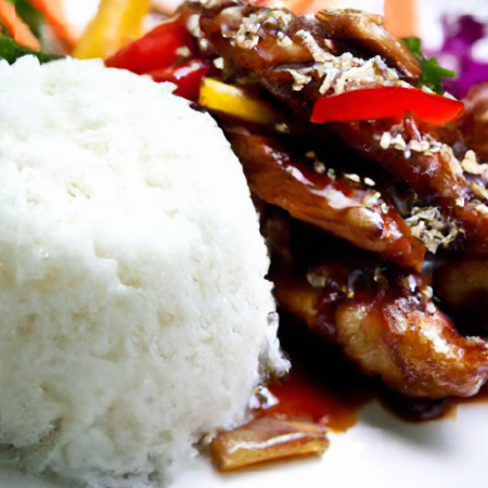 Frango Teriyaki em um prato branco com arroz e legumes ao lado