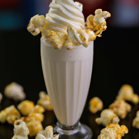Milkshake de pipoca em um copo alto com canudo, coberto com chantilly e pipoca