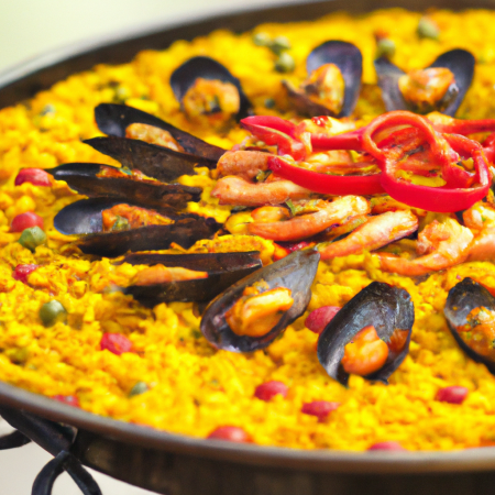 Paella servida em uma paellera com camarões, mexilhões e pedaços de frango.