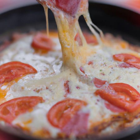Pizza de liquidificador com cobertura de queijo e tomate