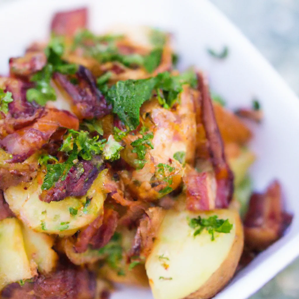 Salada de batata com bacon, cebola e molho de mostarda picante
