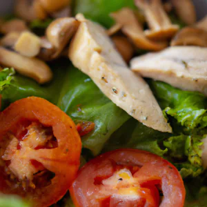 Salada de folhas com frango, tomate e picles de cogumelos