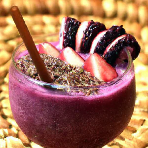 Imagem de um smoothie de café da manhã saudável com aveia, frutas e bagas em um copo alto, com um canudo de bambu e uma vareta de bambu.