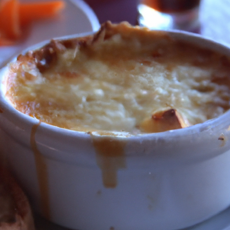 Sopa de cebola gratinada servida em uma tigela de cerâmica