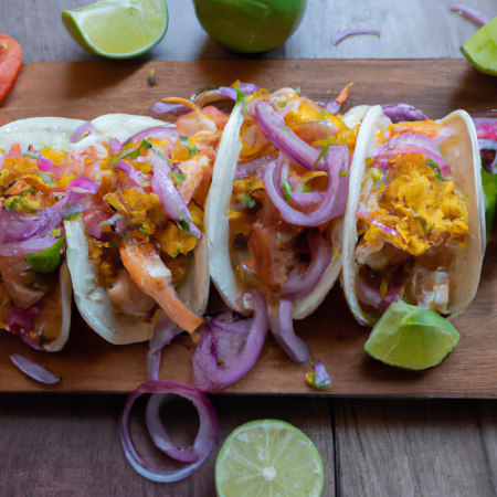 Tacos de camarão servidos em uma travessa de cerâmica colorida.