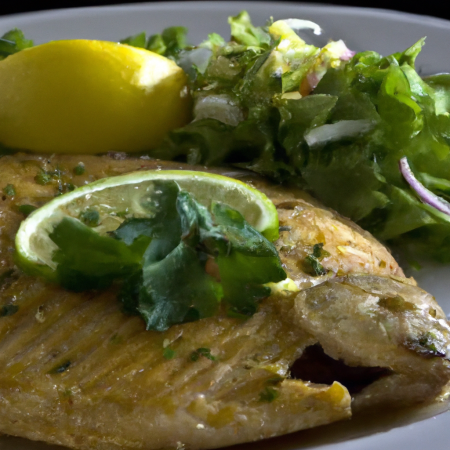 Uma tilápia assada dourada, servida com limão e salada ao lado.