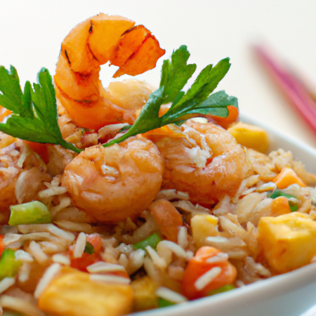 Yakimeshi de camarão servido em um prato com palitinhos ao lado.