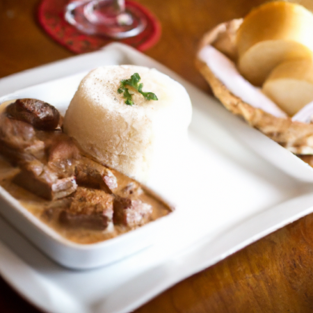 Strogonoff inusitado do Davi servido com arroz branco e batata palha