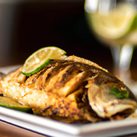 Peixe assado servido em um prato branco com limão e ervas