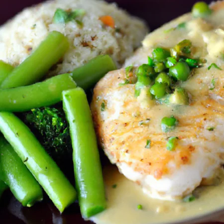 Peixe de Páscoa ao Molho de Coco servido em um prato branco com arroz pilaf e legumes grelhados.